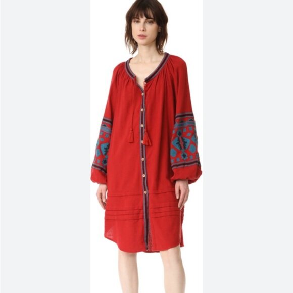 Free People In the Clear 100% Cotton Red Embroidered Shirt Tunic Dress - Picture 3 of 14